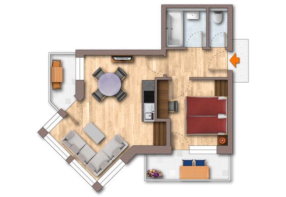 2-Raum-Appartement Lilie, 45m², Grundriss, 2-4 Perosnen