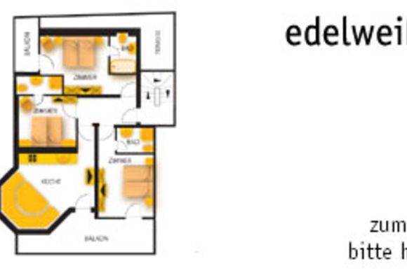 4-Raum-Appartement Edelweiss klein, 95m², Grundriss mit 3 Schlafzimmern